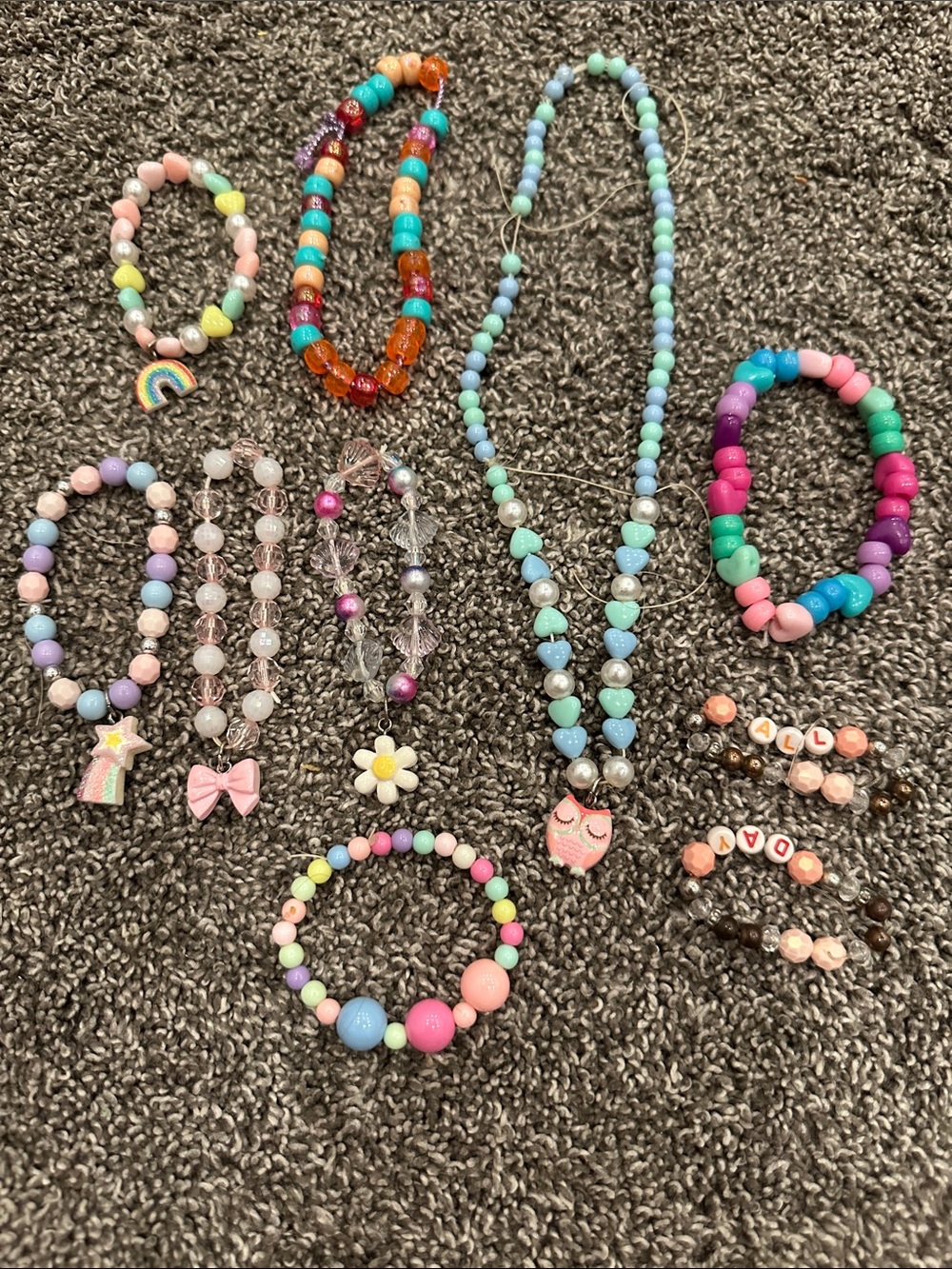Kids Multicolor Beaded Necklace and Bracelet Set - Pastel Pink, Blue & Green
